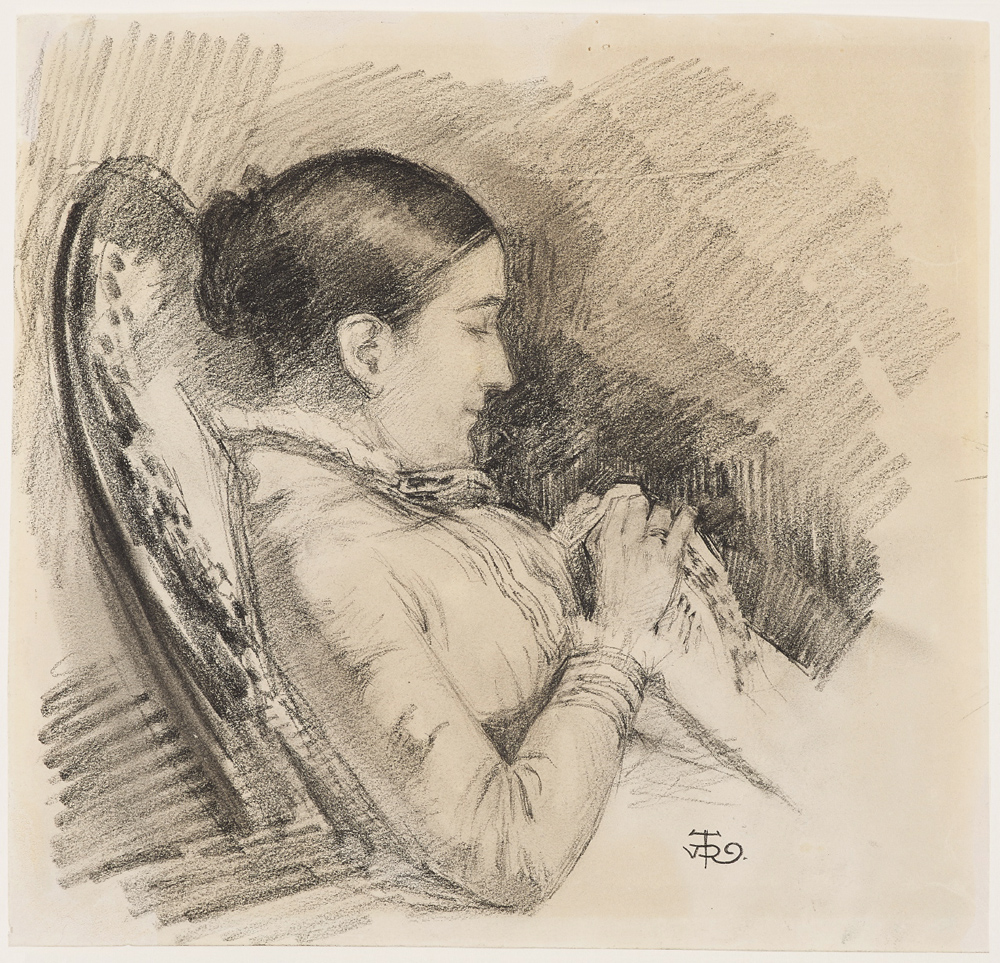 Madame Alexandre de Burlet cousant